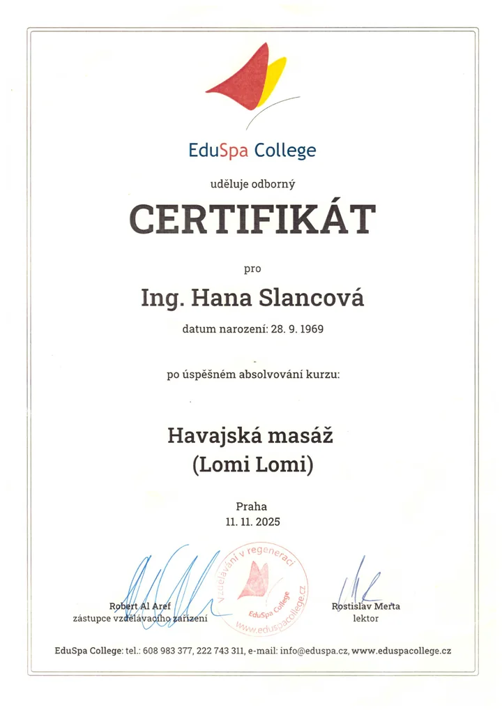 Certifikát Havajská masáž Lomi Lomi