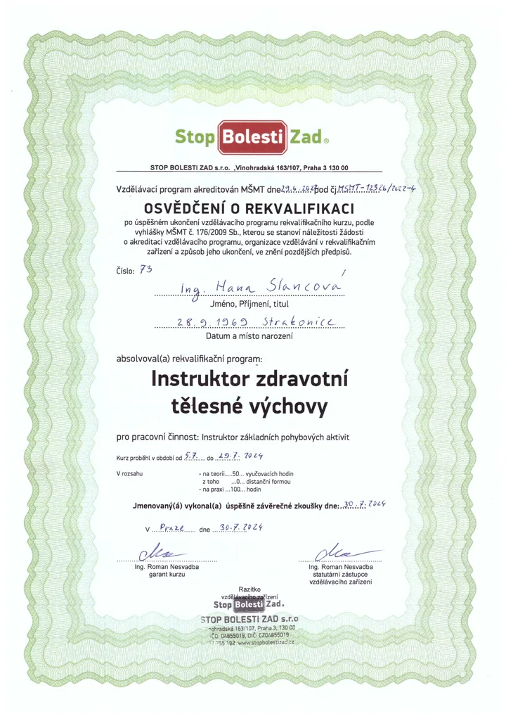 Osvědčení Instruktor zdravotní tělesné výchovy