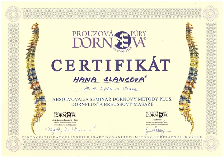 Certifikát Dornova metoda a Breussova masáž