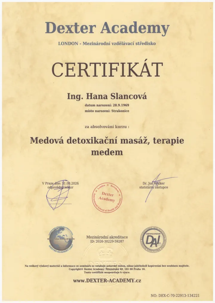Certifikát Medová detoxikační masáž a terapie medem
