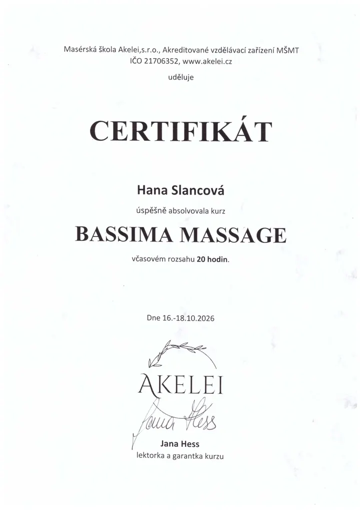Certifikát Bassima masáž