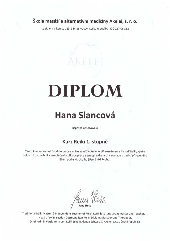 Diplom Reiki 1. stupně