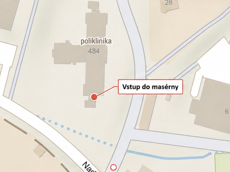 Detail mapy s označením vstupu do masérny